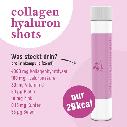 Divique Collagen Drinking Ampoules with Hyaluronic Acid (30 pcs.) - 4,000mg Collagen + 100mg Hyaluronic Acid - with Vitamin C, Biotin, Zinc, Copper, Selenium - sweetened with blossom honey &amp; Stevia - Strawberry Flavor