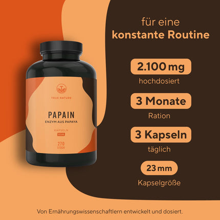Papaya Enzyme Capsules - 270 Capsules - HIGH DOSE: 2100mg pure papain - 6 million units/g papain enzyme activity - Vegan, German production - TRUE NATURE®