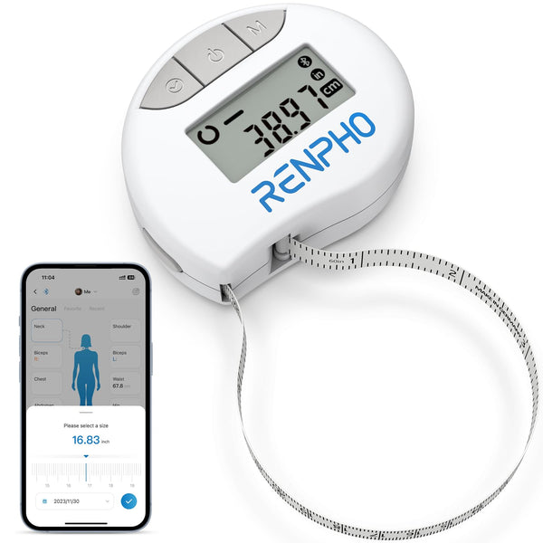 RENPHO Body Measuring Tape Smart Body Measuring Tape, Bluetooth Body Measuring Tape for measuring the body circumference of biceps, chest, hips, calves, thighs and neck, Sewing Tape Measure in CM or inches, 150CM