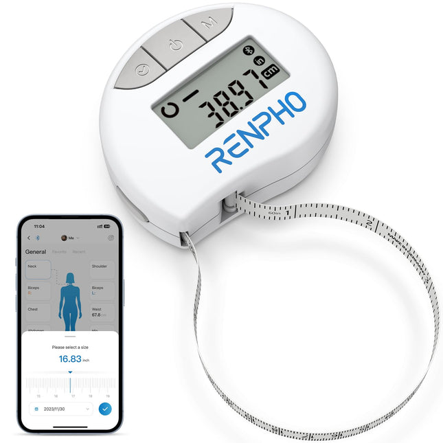 RENPHO Body Measuring Tape Smart Body Measuring Tape, Bluetooth Body Measuring Tape for measuring the body circumference of biceps, chest, hips, calves, thighs and neck, Sewing Tape Measure in CM or inches, 150CM