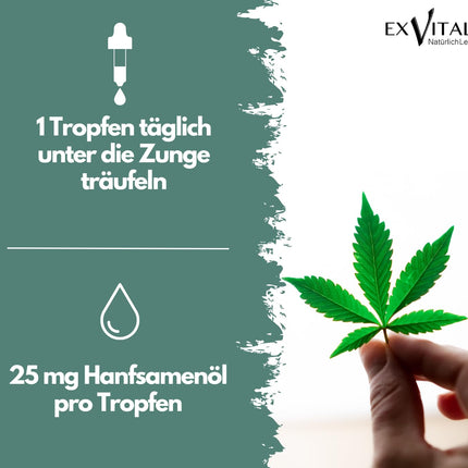 EXVital hemp seed oil, 25mg per daily dose, 750 drops, cold-pressed, 30ml, premium cultivation, vegan &amp; laboratory-tested
