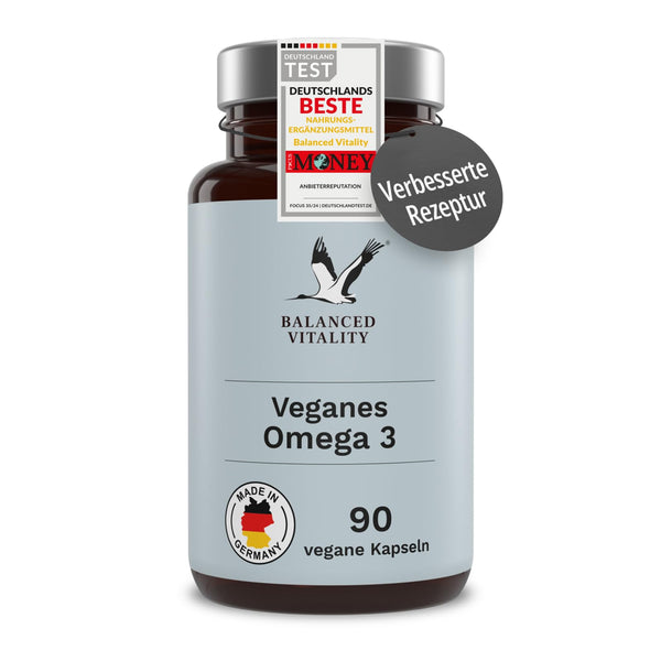 Vegan Omega 3 high-dose - 1500 mg per daily dose with 450 DHA &amp; 225 EPA from algae oil - 90 capsules 1 month - Omega 3 algae oil capsules with branded raw material life'sOMEGA® - Fish-free - Balanced Vitality