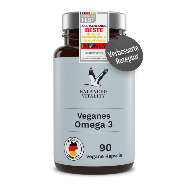 Vegan Omega 3 high-dose - 1500 mg per daily dose with 450 DHA &amp; 225 EPA from algae oil - 90 capsules 1 month - Omega 3 algae oil capsules with branded raw material life'sOMEGA® - Fish-free - Balanced Vitality