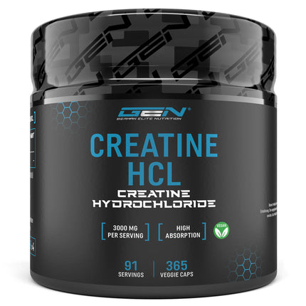 Creatine HCL - 365 Capsules - High Dose with 3000 mg - Pure Creatine Hydrochloride - High Absorption - High Bioavailability - Vegan
