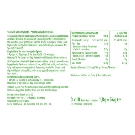 DEXTRO ENERGY SALT TABLETS LEMON + SODIUM - 54g, 30 tablets - Dextro sugar tablets for fast carbohydrate energy supply, supplement during workouts