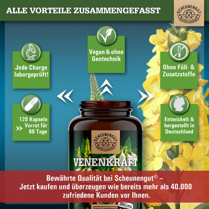 VENENKRAFT® Rutin Sweet Clover Capsules High Dosage - IMPORTANT: Laboratory-tested vein complex with rutin, sweet clover, horse chestnut extract, manganese, copper &amp; more | 120 pcs -DE- SCHEUNENGUT®