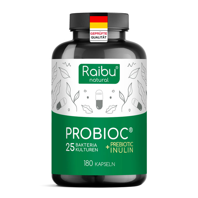 Probioc Culture Complex - 25 bacterial strains + inulin - 300 billion CFU/g - 180 high-dose &amp; gastro-resistant capsules - with Lactobacillus &amp; Bifidobacteria - Raibu