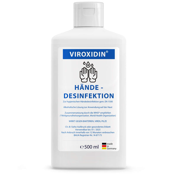 Viroxidin Hand Disinfectant - 500ml Eurodispenser Bottle - Virucidal - Kills 99% of bacteria - 83% Alcohol (Ethanol) - Rub-in Hand Disinfectant Against Bacteria, Viruses &amp; Fungi - 500ml (430g)