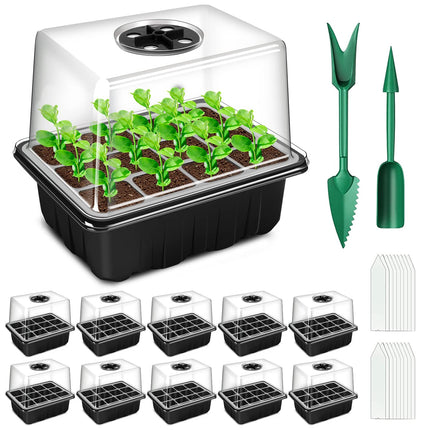 YAUNGEL Indoor Greenhouse Propagator, 10 Pack 120 Cell Mini Greenhouse Propagation Set with Raised Lid, Seedling Starter Trays, Greenhouse Propagation Tray with Lid for Plants, Black