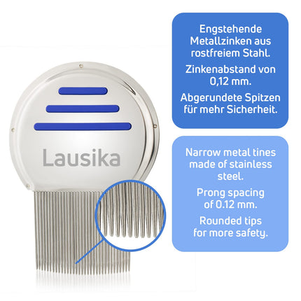 Lausika lice comb, a metal nit comb with extra-close teeth. For children and adults with head lice and nits.