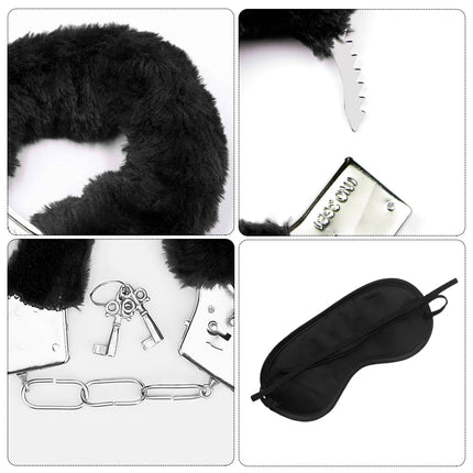 1 piece black plush police handcuffs with 2 keys, 1 blindfold, bondage sex props, metal jewelry accessories, suitable for parties, role play, bondage games