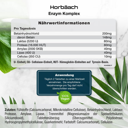 Digestive Enzymes | Enzyme Complex Amylase, Protease, Lactase, Lipase, and Cellulase | Betaine HCl | 90 vegan tablets | Digestive Enzymes | Horbaach