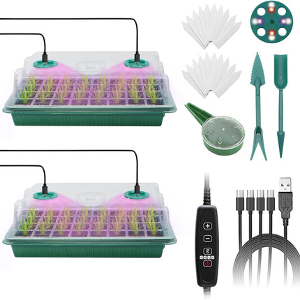 2 pieces 80 cells Seed Starter Tray Mini Greenhouse Cultivation Set with Timing Controller Adjustable Brightness, Indoor Greenhouse Cultivation Box with Plant Lamp for Plant Growth