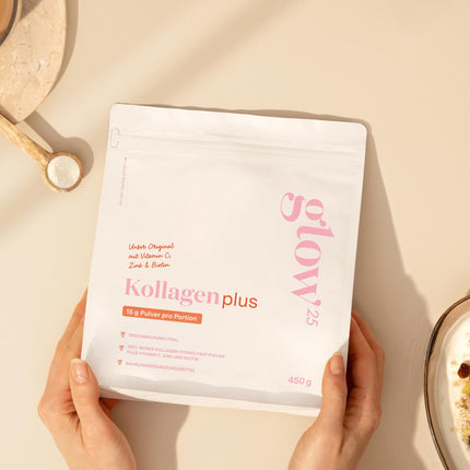 Glow25® Collagen Plus [450g] - Collagen Hydrolysate with Vitamin C, Zinc, and Biotin - Peptides Type 1 and 3 - Good Solubility - Neutral