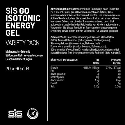 Science in Sport GO High Carb Isotonic Energy Gel 20 x 60ml Vegan - Isotonic formula with 22g carbohydrates, good energy source, optimal alternative to isotonic drinks
