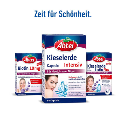 Abtei Kieselerde Intensive - For the prevention of brittle hair and nails - With silicon - Pure natural product - High dosage, gluten-free, lactose-free - 60 capsules