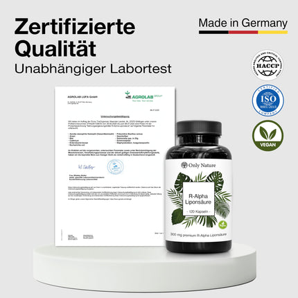 Only Nature® R Alpha Lipoic Acid 300mg - high dosage - 120 laboratory-tested capsules - vegan - no additives - produced in Germany - R-Alpha Lipoic Acid