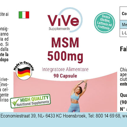 MSM 500 mg - 90 Capsules - Organic Sulfur - Methylsulfonylmethane - 3000 mg Daily Dose - High Dose and Vegan | Quality from Germany - ViVe Supplements