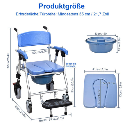 Shower Chair Commode Chair with Wheels for Seniors | Mobile Folding Shower Chair Commode Chair with Armrests and Backrest, Maximum Load Capacity of 150 kg (Blue 1)