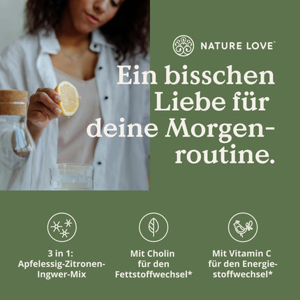 NATURE LOVE® Metabolism Routine 150g – Metabolism drink with apple cider vinegar, ginger shot &amp; lemon – with vitamin C &amp; choline – vegan, without unnecessary additives – produced in Germany &amp; laboratory-tested