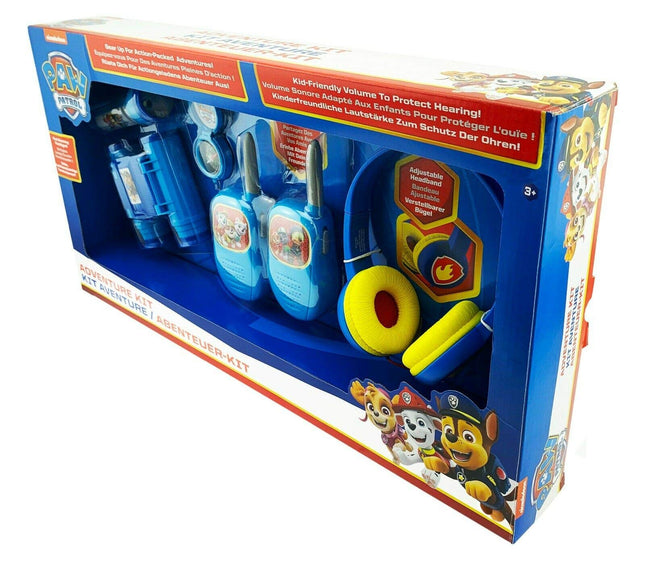 ekids Paw Patrol Adventure and Music Gift Set. Volume-friendly headphones, push-to-talk walkie-talkies, compass, flashlight, and binoculars
