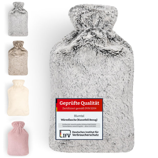 Blumtal Premium hot water bottle with soft faux fur cover 1.5l - hot water bottle made of natural rubber - hot water bottle girlfriend gift - hot water bag luxury - leak-proof hot water bottle gray
