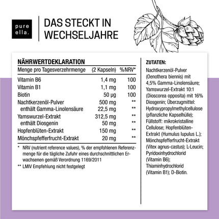 Pure Ella MENOPAUSE - Vital substance complex for women with menopausal symptoms - Contains evening primrose oil, yam root, and chasteberry - Natural, hormone-free, vegan - 60 Menopause Capsules