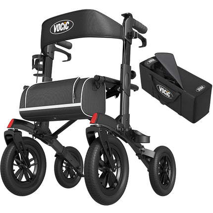 VOCIC Rollator Foldable and Lightweight with Seat, Outdoor Rollator with Rubber Non-Pneumatic Tires for All Terrain, Aluminum Height-Adjustable Rollators for Outdoors &amp; Cross-Country Skiing &amp; Travel, Black (5-Year Warranty)