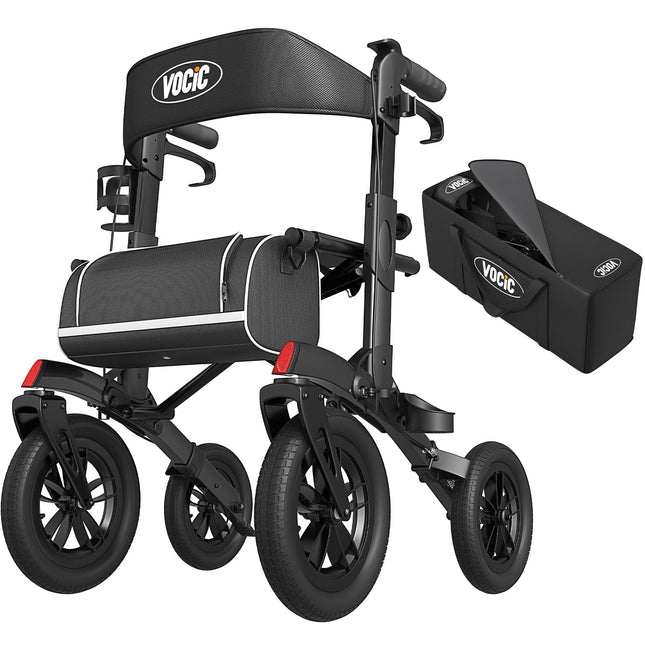 VOCIC Rollator Foldable and Lightweight with Seat, Outdoor Rollator with Rubber Non-Pneumatic Tires for All Terrain, Aluminum Height-Adjustable Rollators for Outdoors &amp; Cross-Country Skiing &amp; Travel, Black (5-Year Warranty)