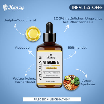 Kanzy Vitamin E Oil Organic Drops for Cosmetics 60ml 100% Natural d-Alpha-tocopherol, Anti-Wrinkle, Anti-Aging, Pure Vitamin E Oil Against all types of wrinkles, face, nails and hair