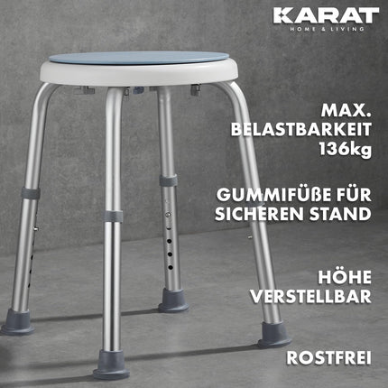 KARAT shower stool - 360° rotating shower chair, load capacity up to 136 kg, height-adjustable with non-slip rubber feet for a secure hold - bathroom stool, shower aid, shower seat