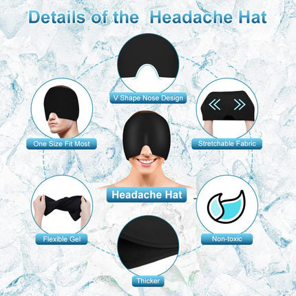 ACWOO Gel Cooling Cap Migraine Headache Relief Stretchable Headache Hat Cold Therapy Cap Sleep Mask, Heady Mask for Puffy Eyes Stress Relief (Black)