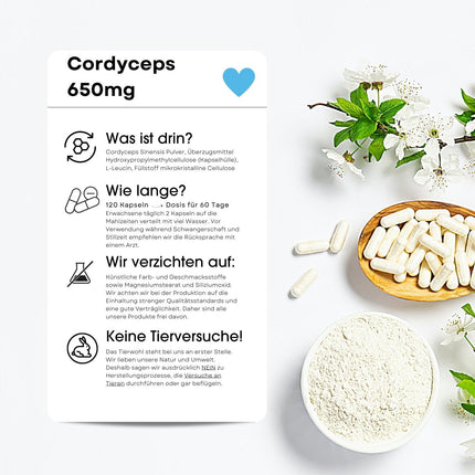 Fair &amp; Pure® - Cordyceps 650mg - 120 Capsules - Cordyceps Sinensis - without magnesium stearate - vegan