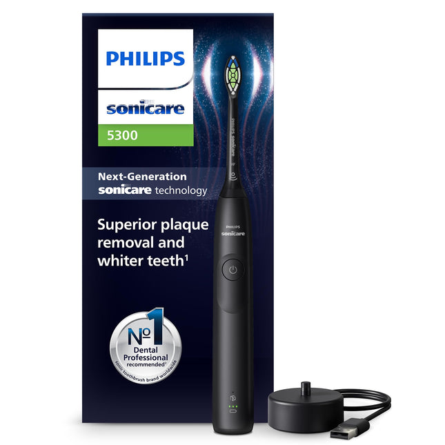 Philips Sonicare 5300 electric toothbrush, sonic toothbrush with 2 intensity levels, pressure control, EasyStart, Smartimer and BrushPacer, black, model HX7101/01 [New Technology]