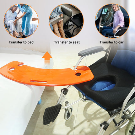 Transfer board, patient pusher for transfer, patient pusher up to 150 kg for transferring patients or handicaps from the wheelchair to the bed, to the toilet, to the bathtub