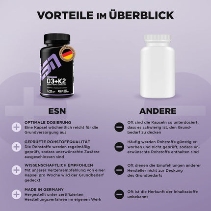 ESN Vitamin D3 + K2, 120 capsules, for immune system, bones and blood production, vegan &amp; made in Germany