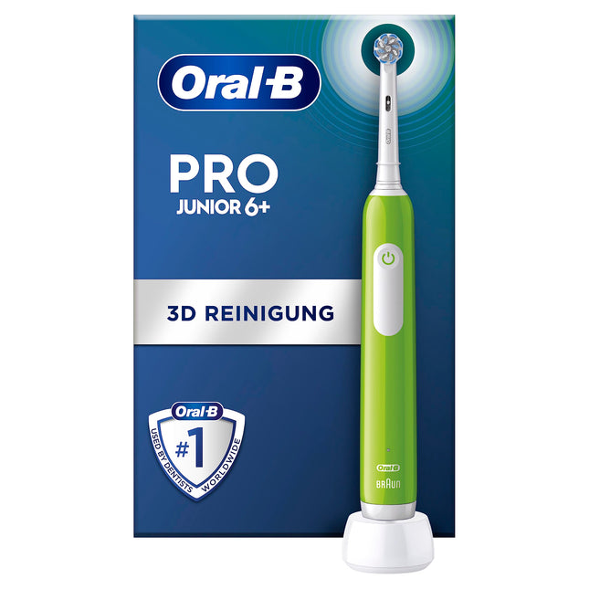 Oral-B Pro Junior Electric Toothbrush for children ages 6 and up, pressure sensor, 3 brushing modes including sensitive for dental care, soft bristles &amp; timer, designed by Braun, green