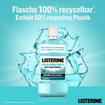 LISTERINE Cool Mint Mild (500 ml), antibacterial mouthwash with essential oils &amp; alcohol-free, mild dental care mouthwash, reduces plaque, effectively combats bad breath