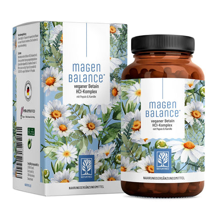 NATURTREU® Magenbalance Betaine HCL Complex vegan - with Pepsin, Chamomile &amp; Chloride - Supports stomach acid and digestion* - Full spectrum enzyme capsules with high dosage