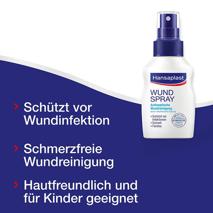 Hansaplast Wound Spray Set of 4 (50 ml), for antiseptic wound cleansing through mechanical rinsing, spray protects against wound infections, colorless and particularly skin-friendly