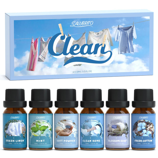 SALUBRITO Clean Essential Oils Set, Pure Aromatherapy Fragrance Oil for Diffusers, Candle Making, Clean Cotton, Fresh Linen, Clean Home, Powder, Flower Soap, Mint