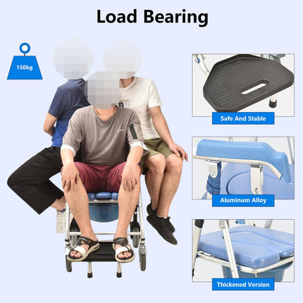 Toilet chair for seniors with wheels, multifunctional shower chair with wheels, foldable, blue shower toilet chair mobile with urine bucket, toilet wheelchair for the elderly and disabled comfort