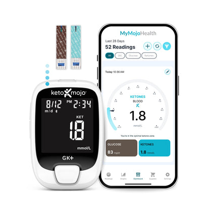 KETO-MOJO GKI Bluetooth Glucose &amp; Ketone Test Kit (mg/dL) + Free Ketosis &amp; Diabetes Monitoring App – 20 Test Strips (10 each), Meter, 20 Lancets, Lancing Device &amp; Control Solutions