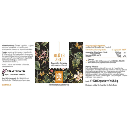 Quercetin Bromelain Complex 120 Capsules Vegan - 500mg high-dose quercetin, 100mg bromelain and 16mg vitamin C per daily dose - Blossom Time by Naturtreu