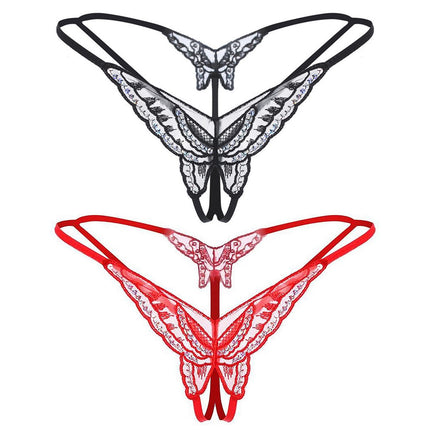 PMELCXD Women's Lace Sexy Thong, 2 Pack Open Panties, Low Waist, Open Crotch, V-String, G-String, Lingerie, Thongs, Butterfly Underwear with Open Crotch (Black, Red)
