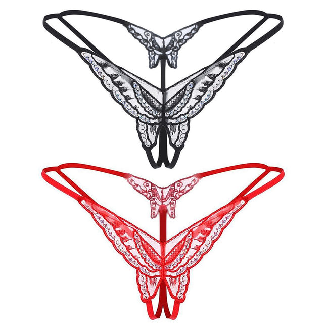 PMELCXD Women's Lace Sexy Thong, 2 Pack Open Panties, Low Waist, Open Crotch, V-String, G-String, Lingerie, Thongs, Butterfly Underwear with Open Crotch (Black, Red)