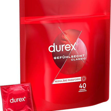 Durex Real Feel Classic Condoms – Thin condoms with an anatomical easy-on shape and lubricated with silicone gel – 40-pack (1 x 40 pieces)