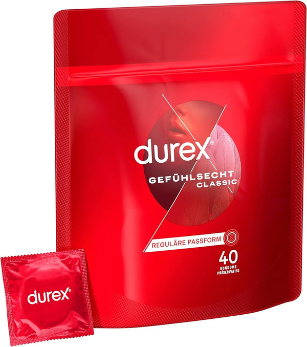Durex Real Feel Classic Condoms – Thin condoms with an anatomical easy-on shape and lubricated with silicone gel – 40-pack (1 x 40 pieces)