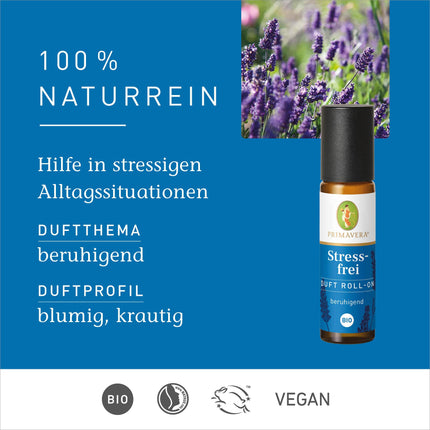 PRIMAVERA Fragrance Roll-On Stress-Free Organic 10 ml - Lavender - Aroma Oil, Fragrance Oil, Aromatherapy for on the go - Calming - Vegan