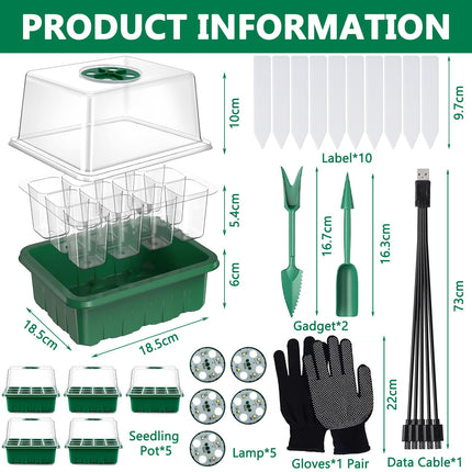 ZQEJEFD Mini Greenhouse Propagation, 5 Pack Indoor Greenhouse Propagation Box with Light, Greenhouse Propagation Tray with High Lid, Full Spectrum Grow Lights, 10 Labels, 2 Tools, 1 Pair of Gloves
